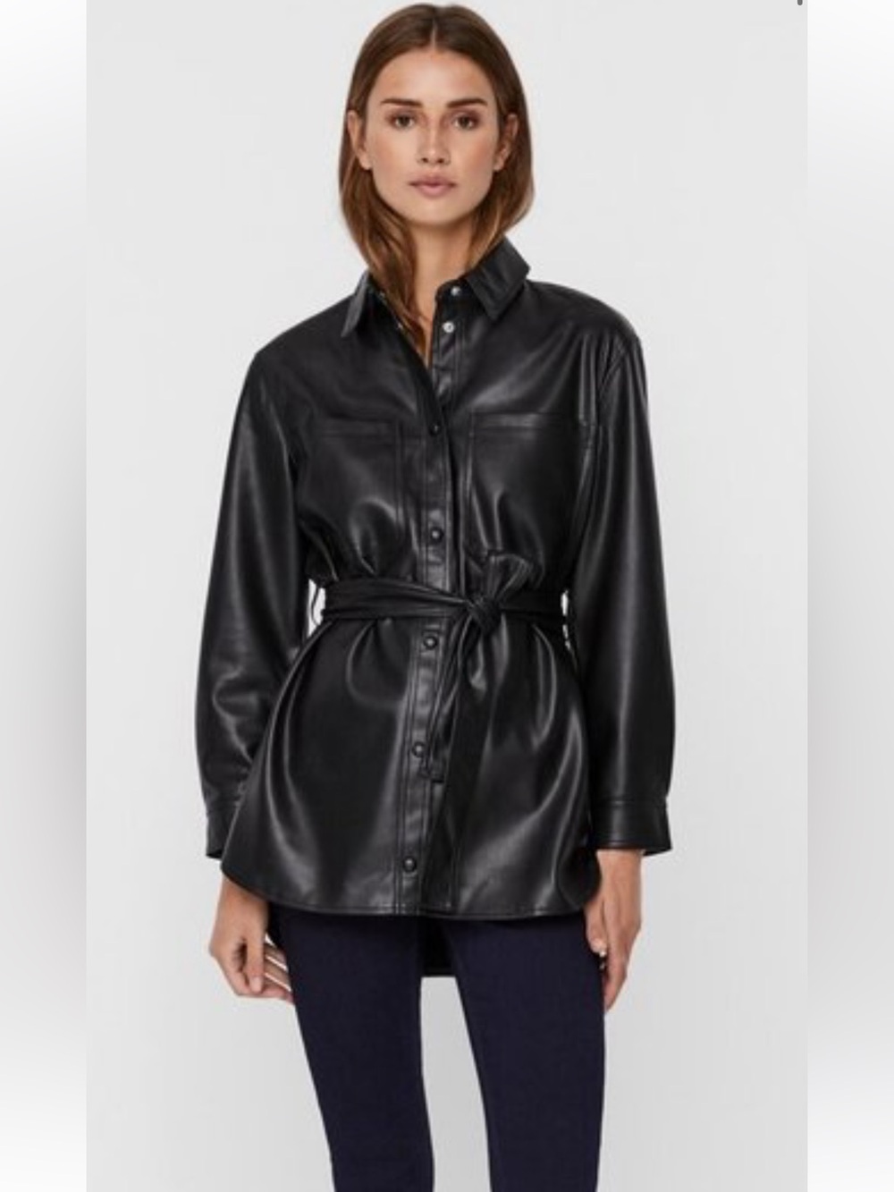 Vero Moda Cream Faux Leather Tie-Belt Shirt Jacket